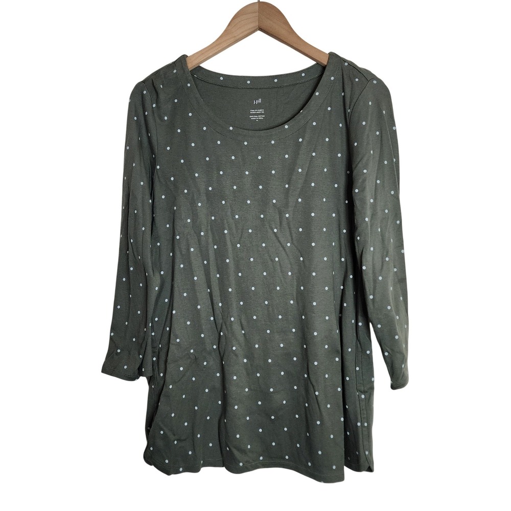 J. Jill Polka Dot Tee Women Size M Green Pima Cotton 3/4 Sleeve Scoop Neck Top